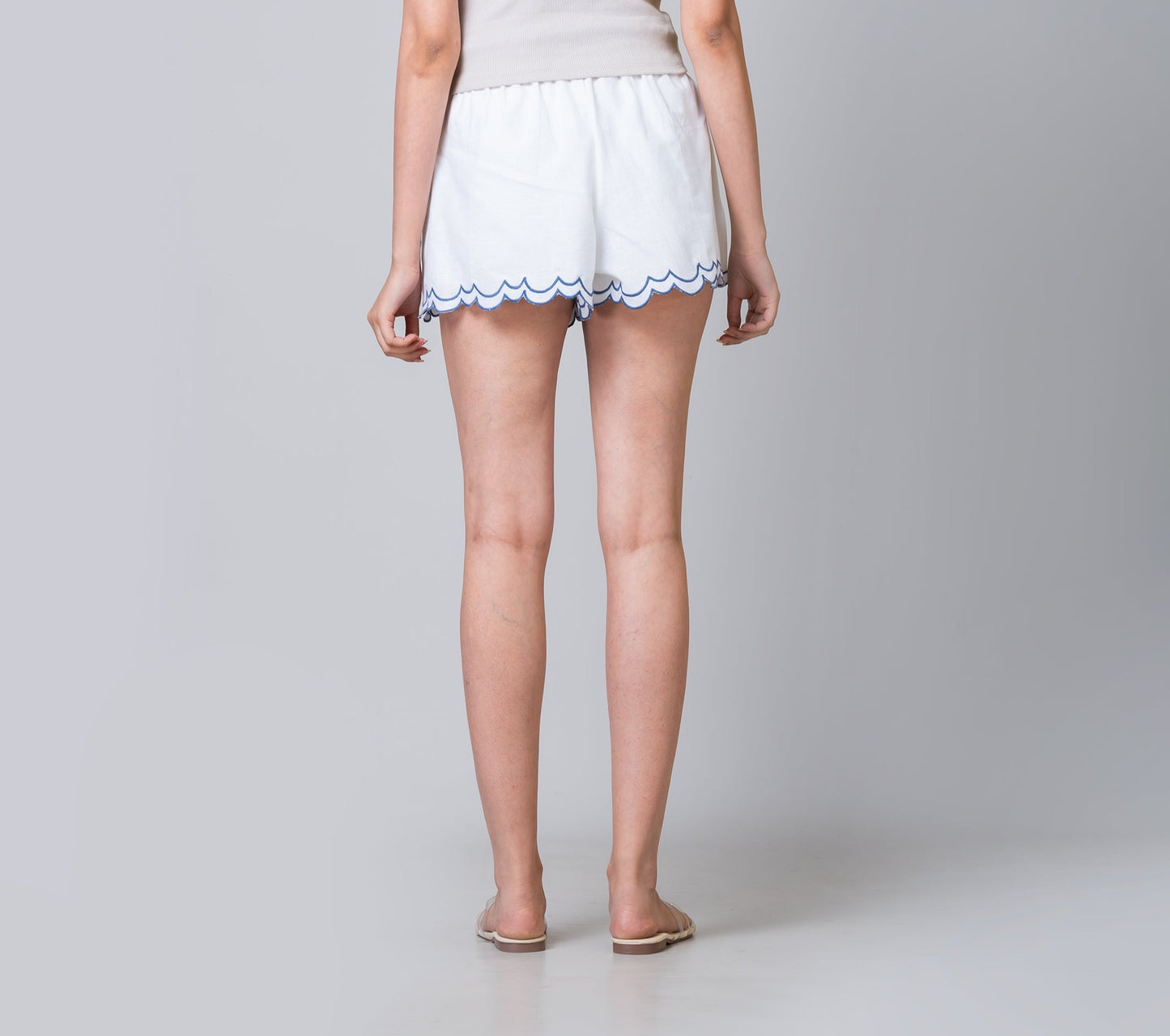 Scalloped Embroidered White Linen Like Pull-on Shorts