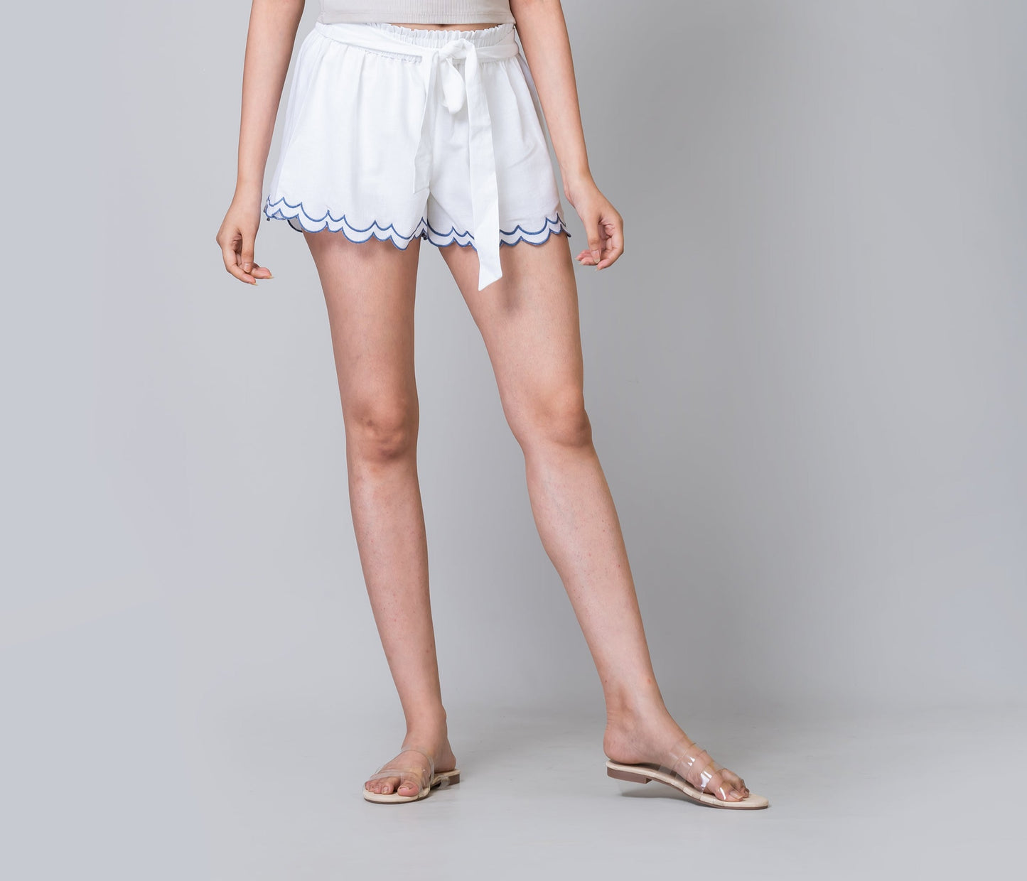 Scalloped Embroidered White Linen Like Pull-on Shorts