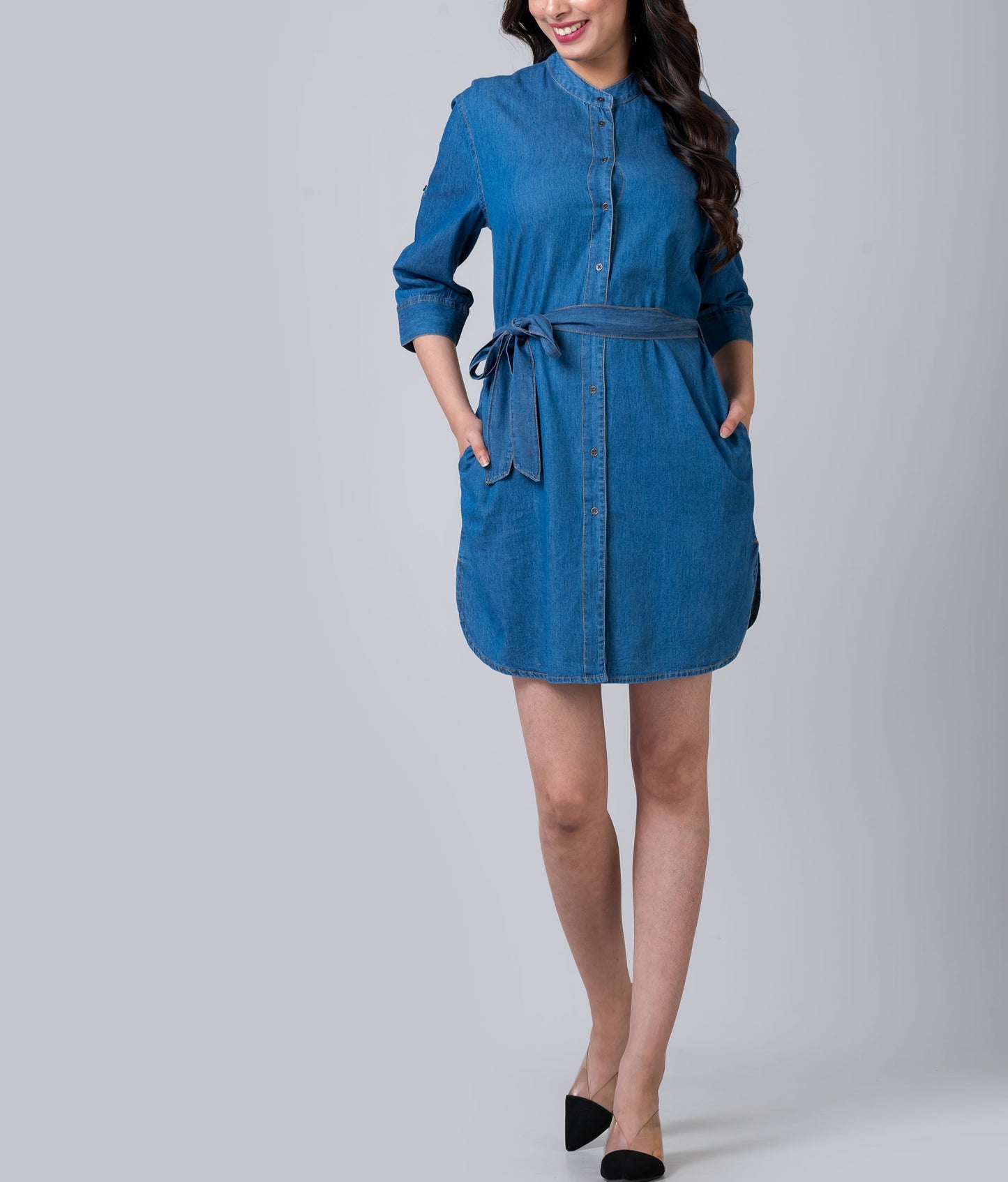 Chambray Denim Button Front Shirtdress