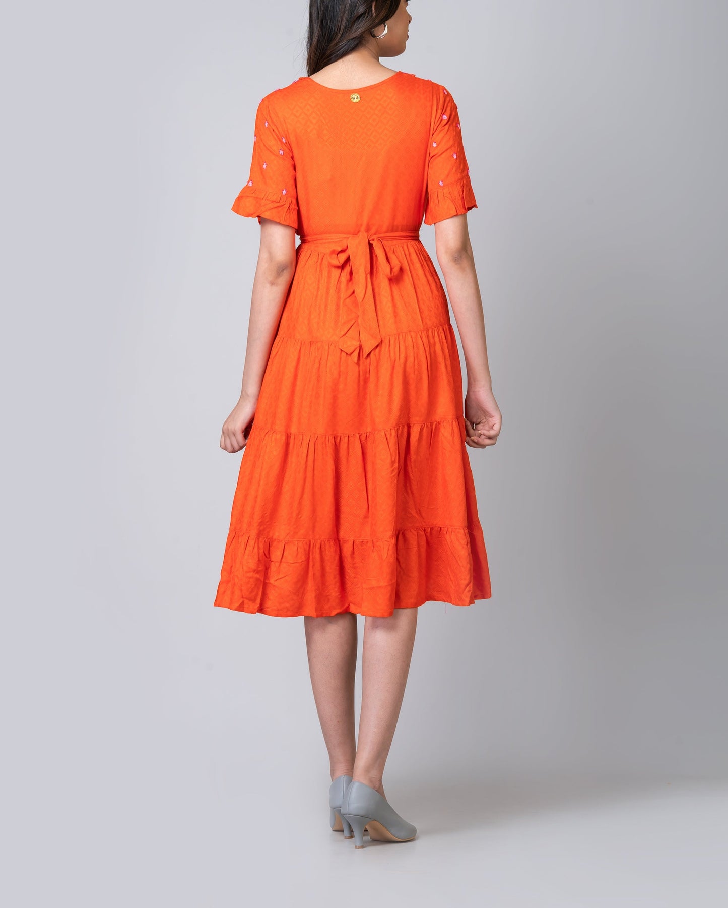 Charlotte Orange Embroidered Midi Tier Dress