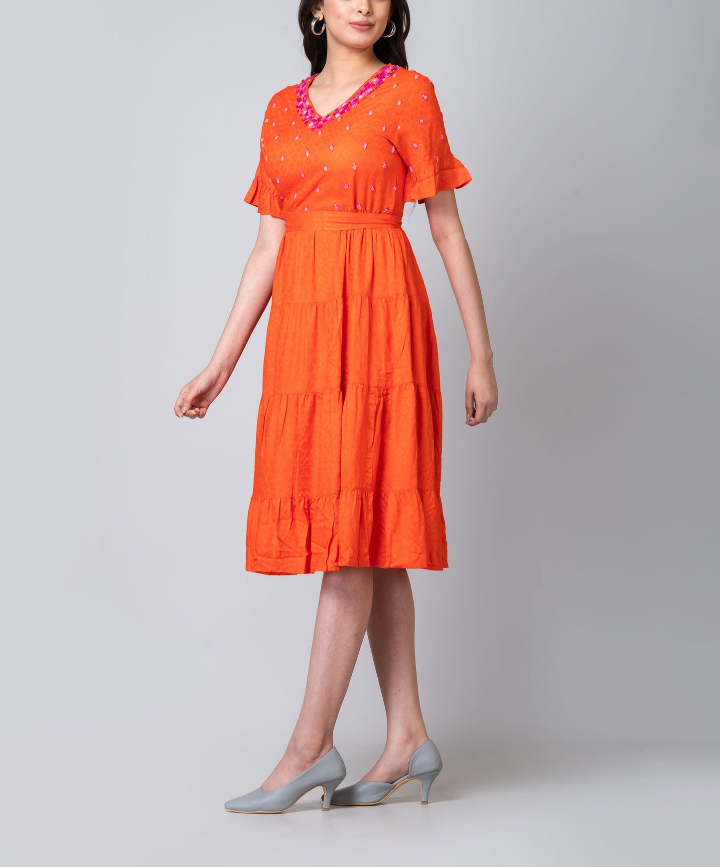 Charlotte Orange Embroidered Midi Tier Dress