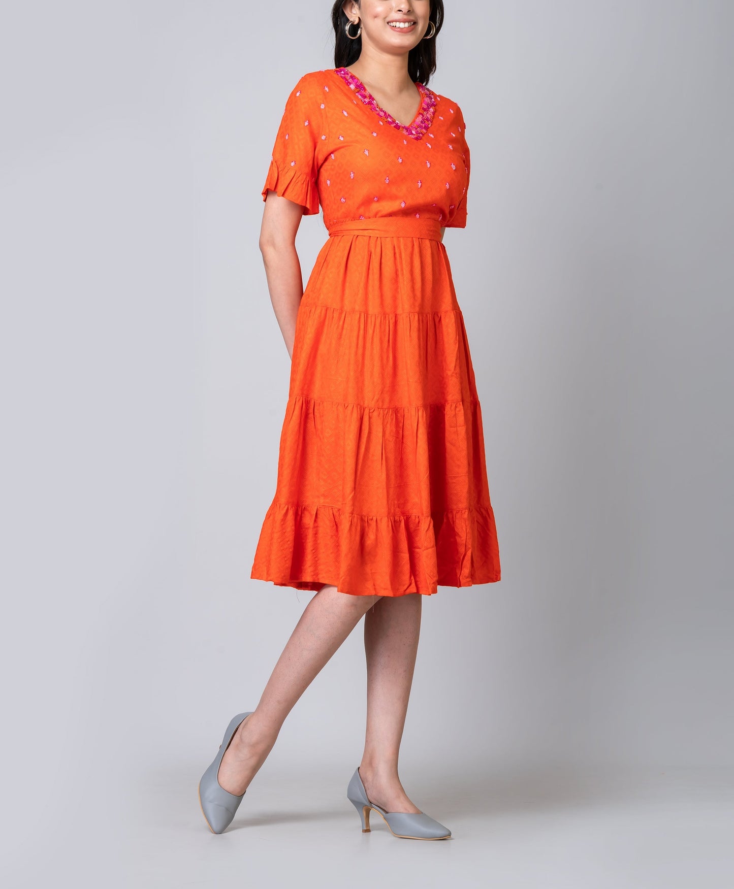 Charlotte Orange Embroidered Midi Tier Dress