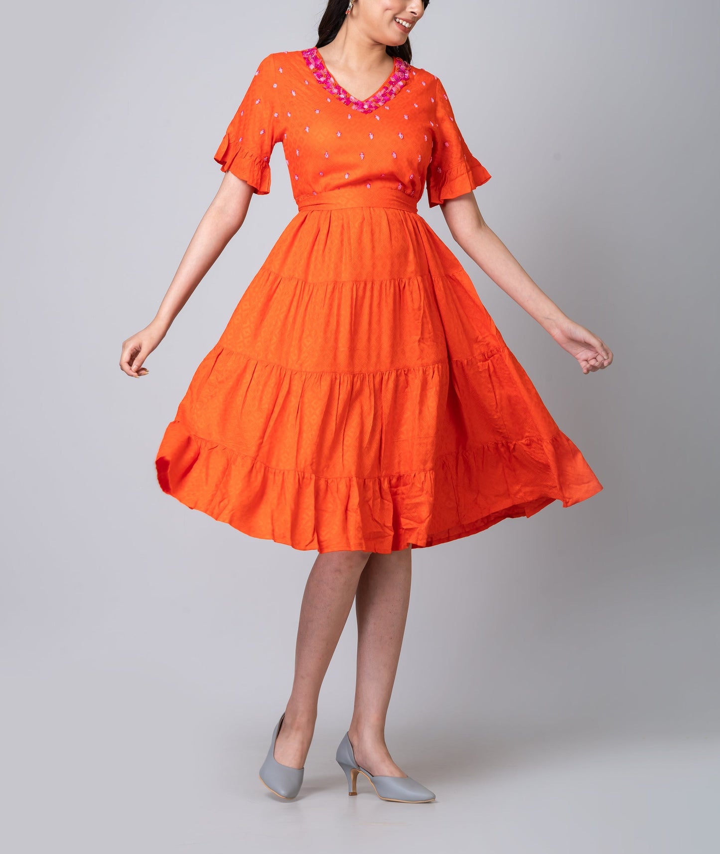 Charlotte Orange Embroidered Midi Tier Dress