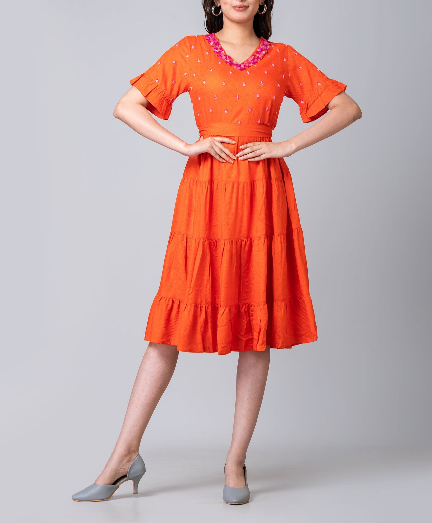 Charlotte Orange Embroidered Midi Tier Dress