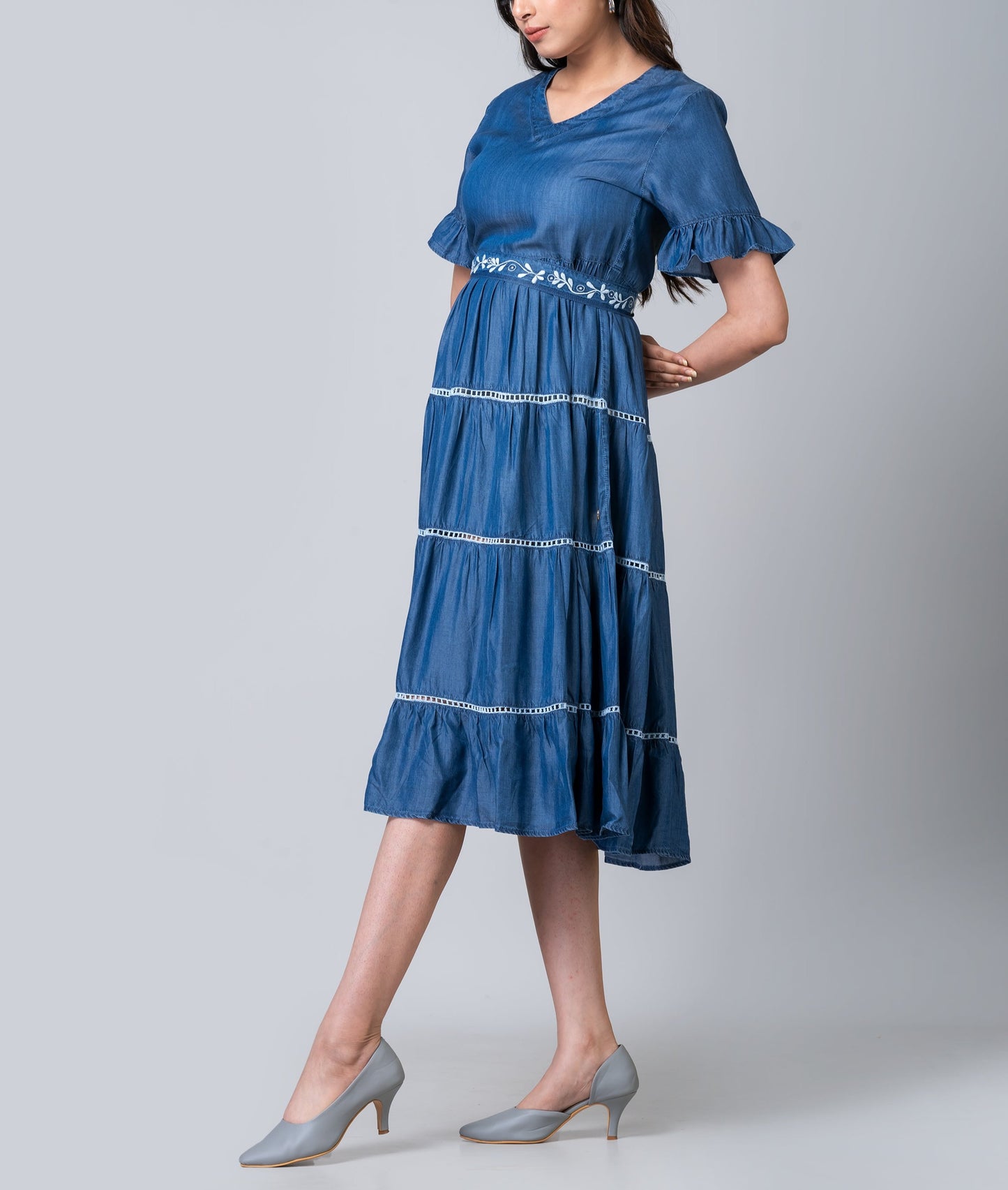 Charlotte Chambray Tiered Midi Dress