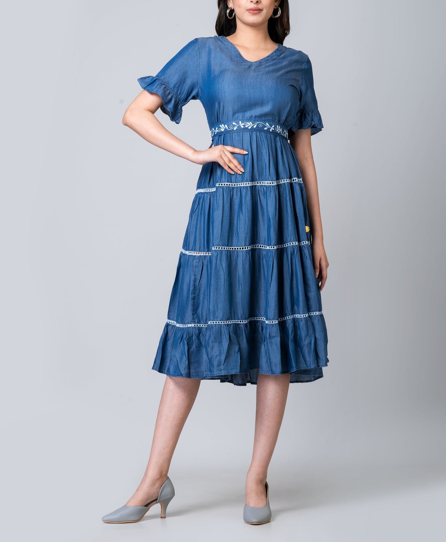 Charlotte Chambray Tiered Midi Dress