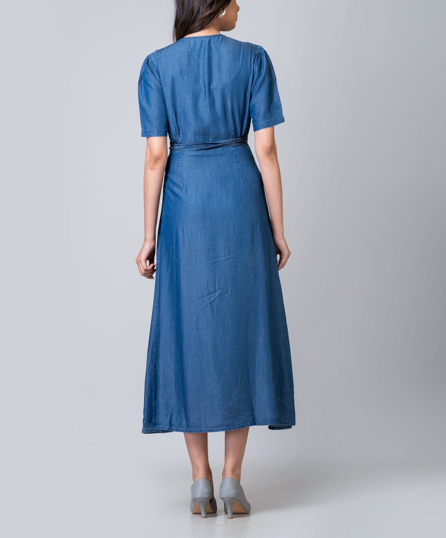 Embroidered Blue Denim Midi Wrap Dress