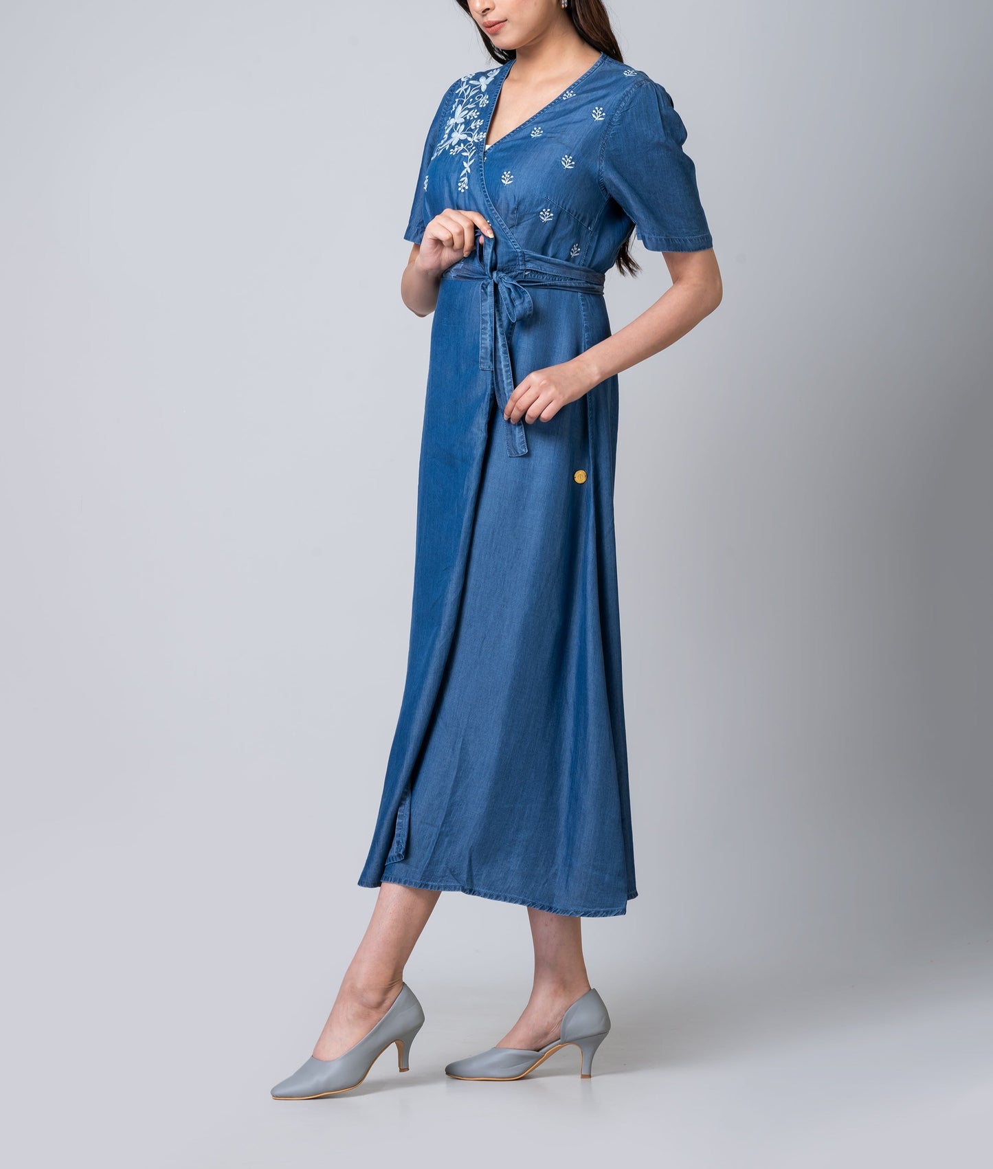 Embroidered Blue Denim Midi Wrap Dress