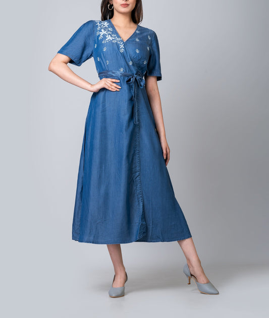 Embroidered Blue Denim Midi Wrap Dress