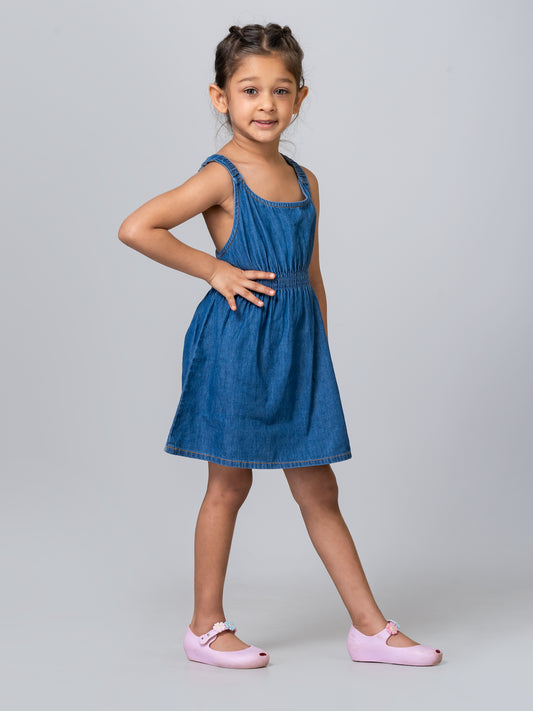 Girls Sleeveless Blue Denim Dress