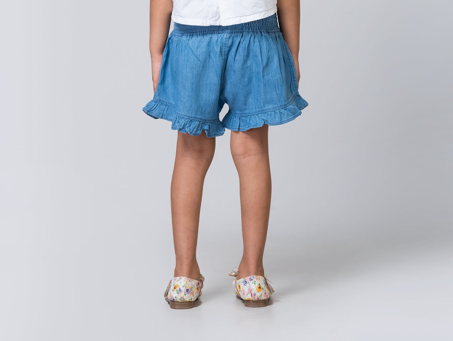 Girls Blue Denim Ruffled Shorts