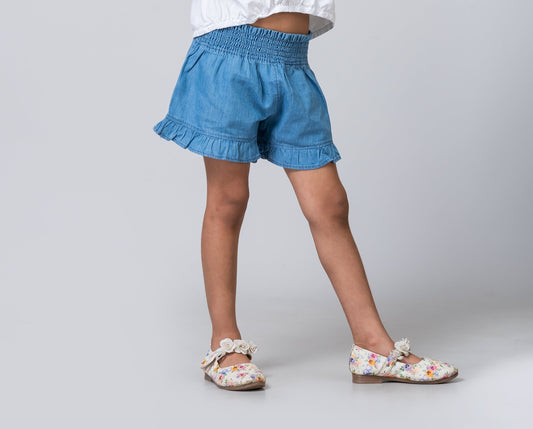 Girls Blue Denim Ruffled Shorts