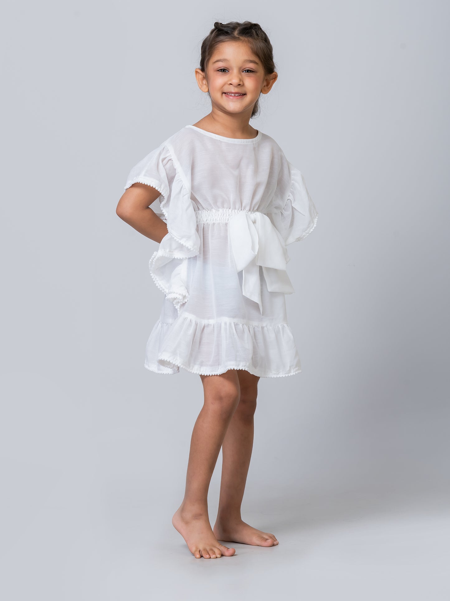 Girl's Bow-knot White Voile Swim Coverup kaftan Dress