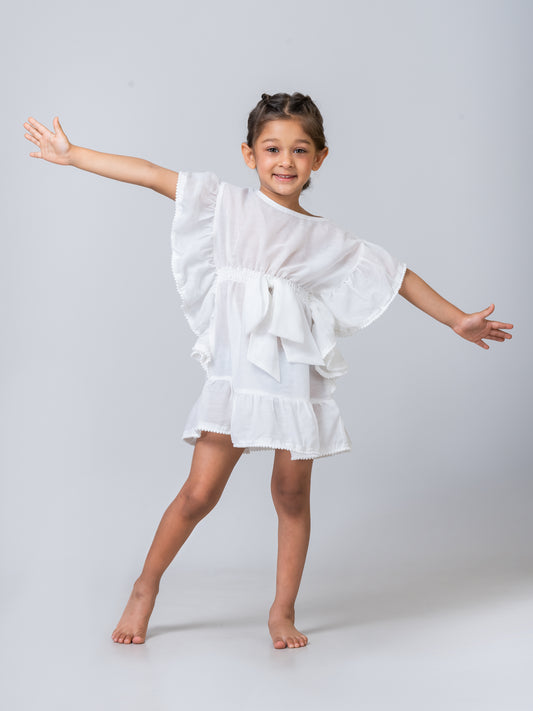 Girl's Bow-knot White Voile Swim Coverup kaftan Dress