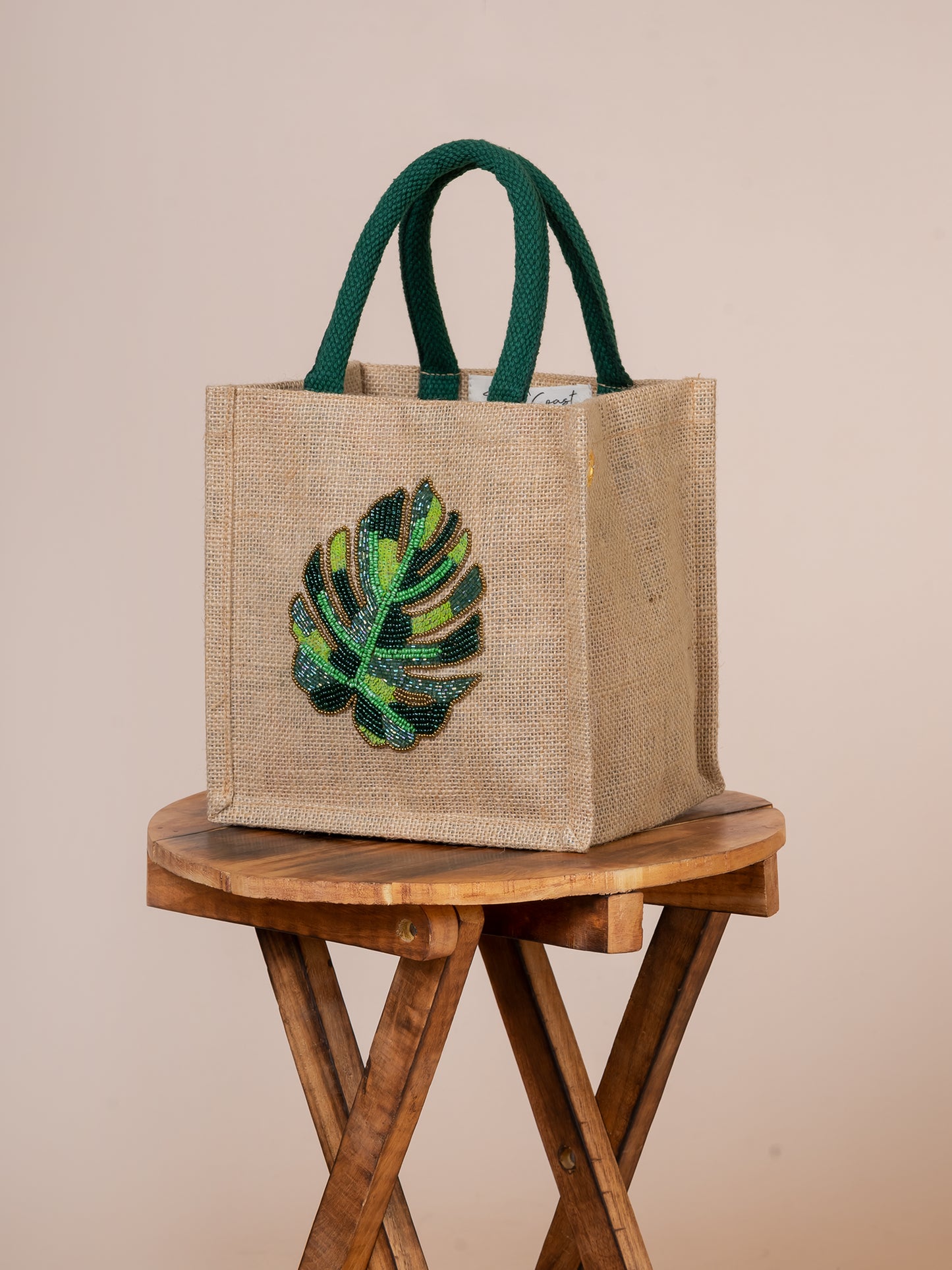 Mini Tote Natural Jute & Leaf Embroidered