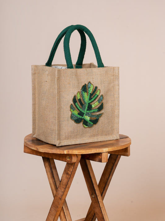 Mini Tote Natural Jute & Leaf Embroidered