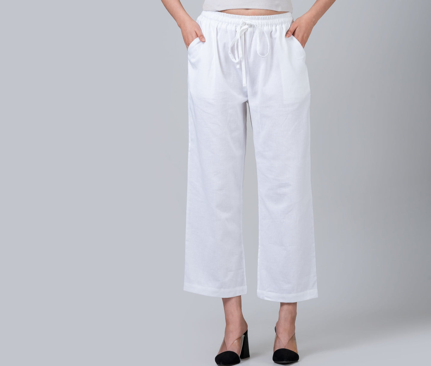 High Waisted White Linen Like Pants