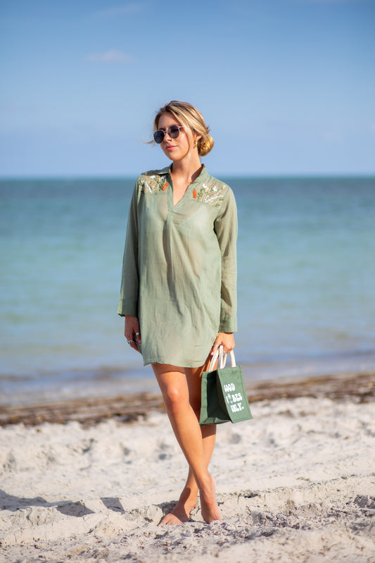 Olive Green Embroidered Voile Cover-up Dress