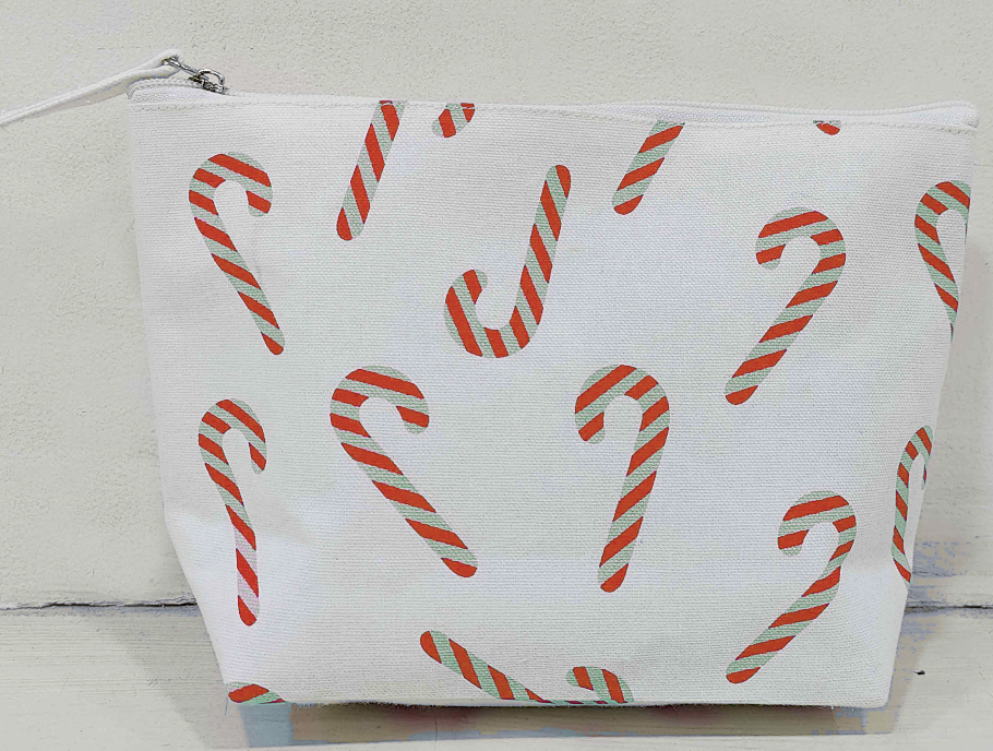 Pink Christmas Candy Cane Cotton Canvas Travel Pouch