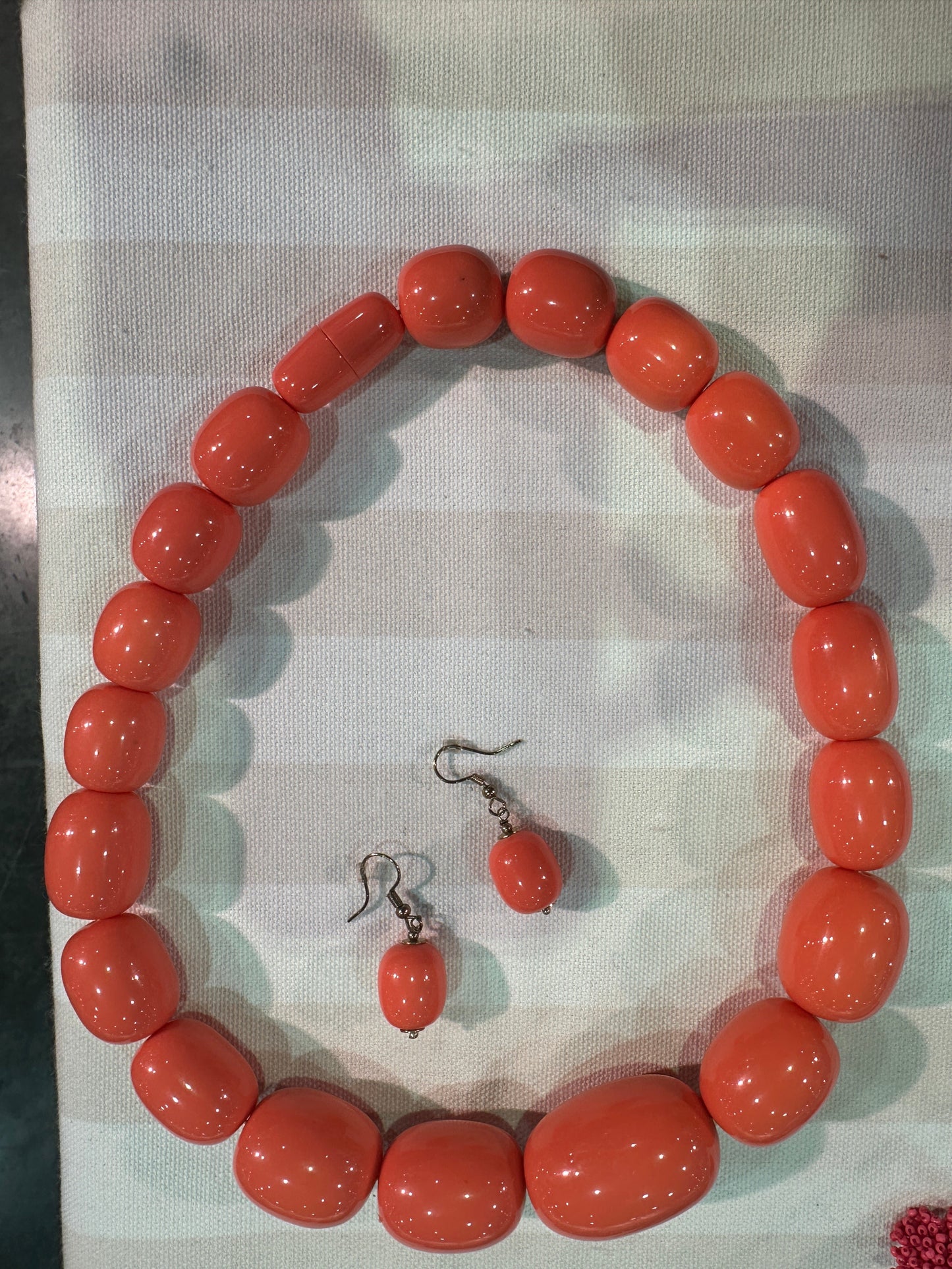 Peach Coral Chunky Round Beaded Necklace Matching Earring Set