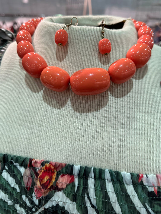 Peach Coral Chunky Round Beaded Necklace Matching Earring Set