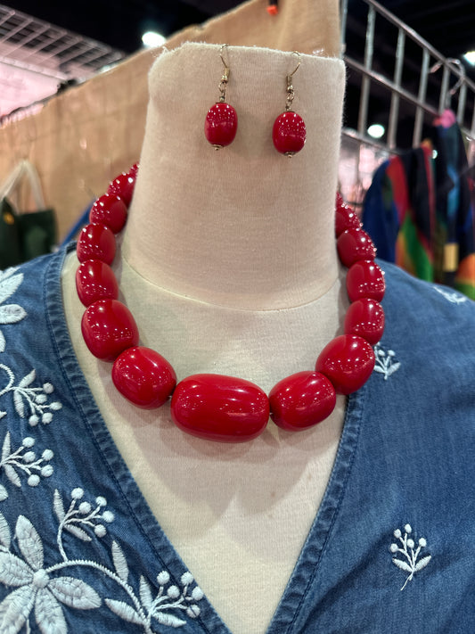 Red Round Chunky Beaded Necklace Matching Earring Set