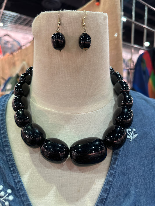 Black Chunky Round Beaded Necklace Matching Earring Set