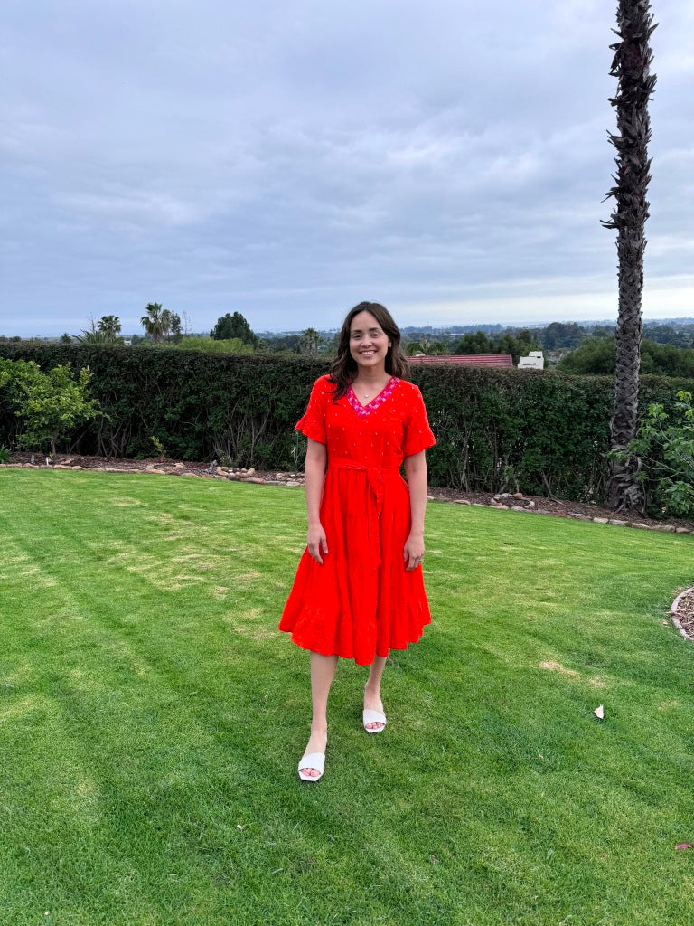 Charlotte Orange Embroidered Midi Tier Dress