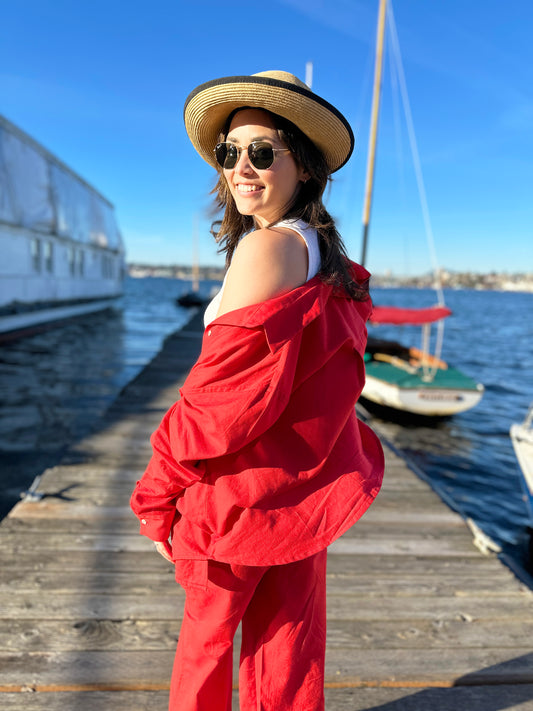 The Red Linen Like Oversized Shirt