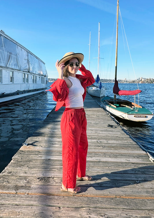 High Waisted Red Linen Like Pants