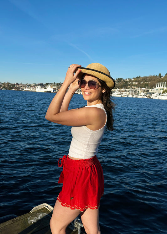 Scalloped Embroidered Red Linen Like Pull-on Shorts