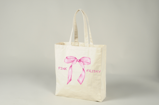 Custom Cotton Canvas Book Tote- Pink Bow