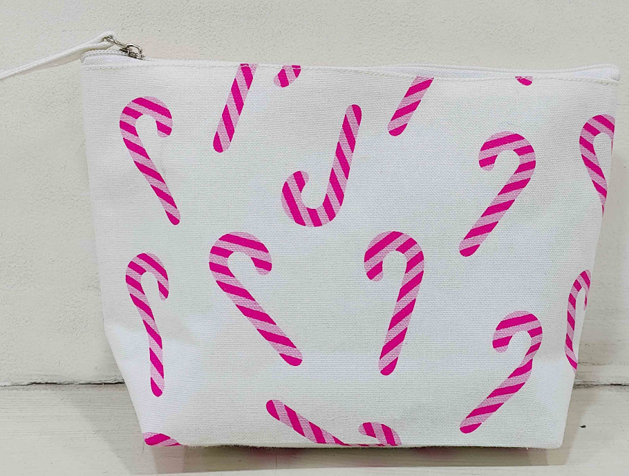 Pink Christmas Candy Cane Cotton Canvas Travel Pouch