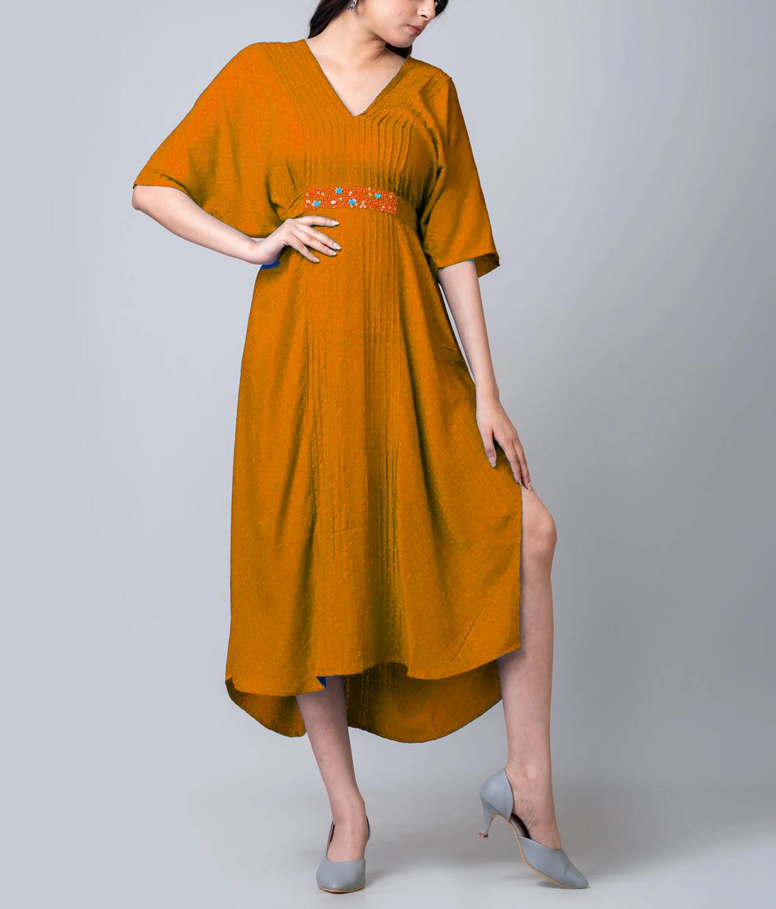 Nassau Embroidered Long Slit Kaftan Dress in Coral